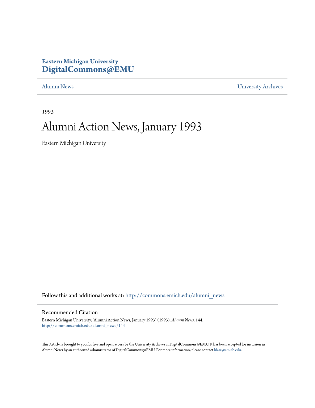 Alumni Action News, January 1993 Eastern Michigan University
