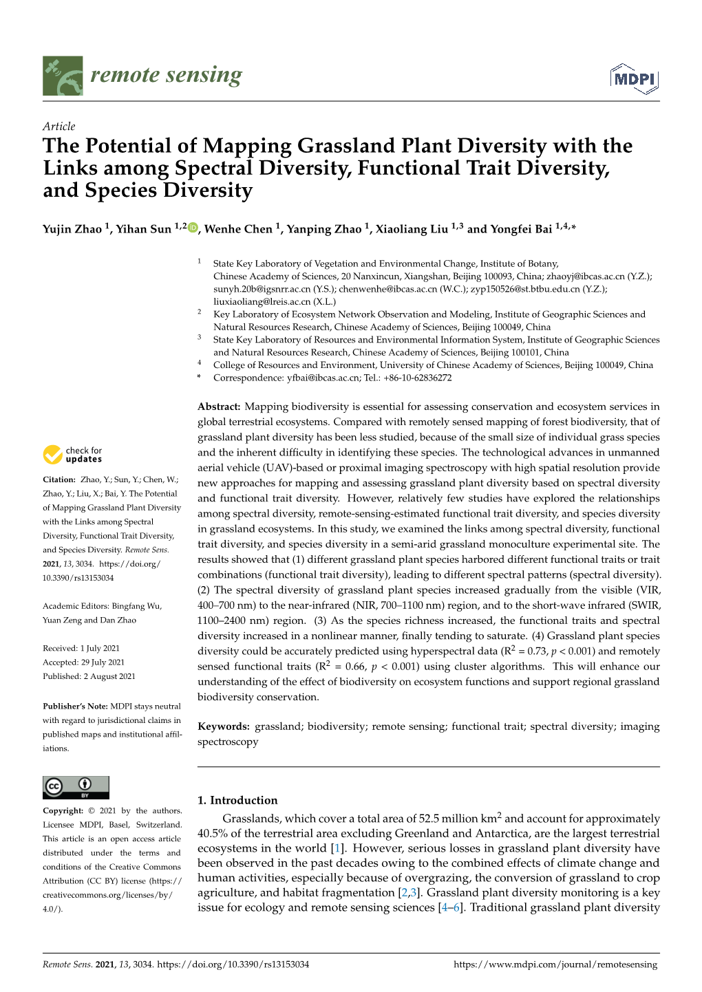 The Potential of Mapping Grassland Plant Diversity with the Links Among Spectral Diversity, Functional Trait Diversity, and Species Diversity
