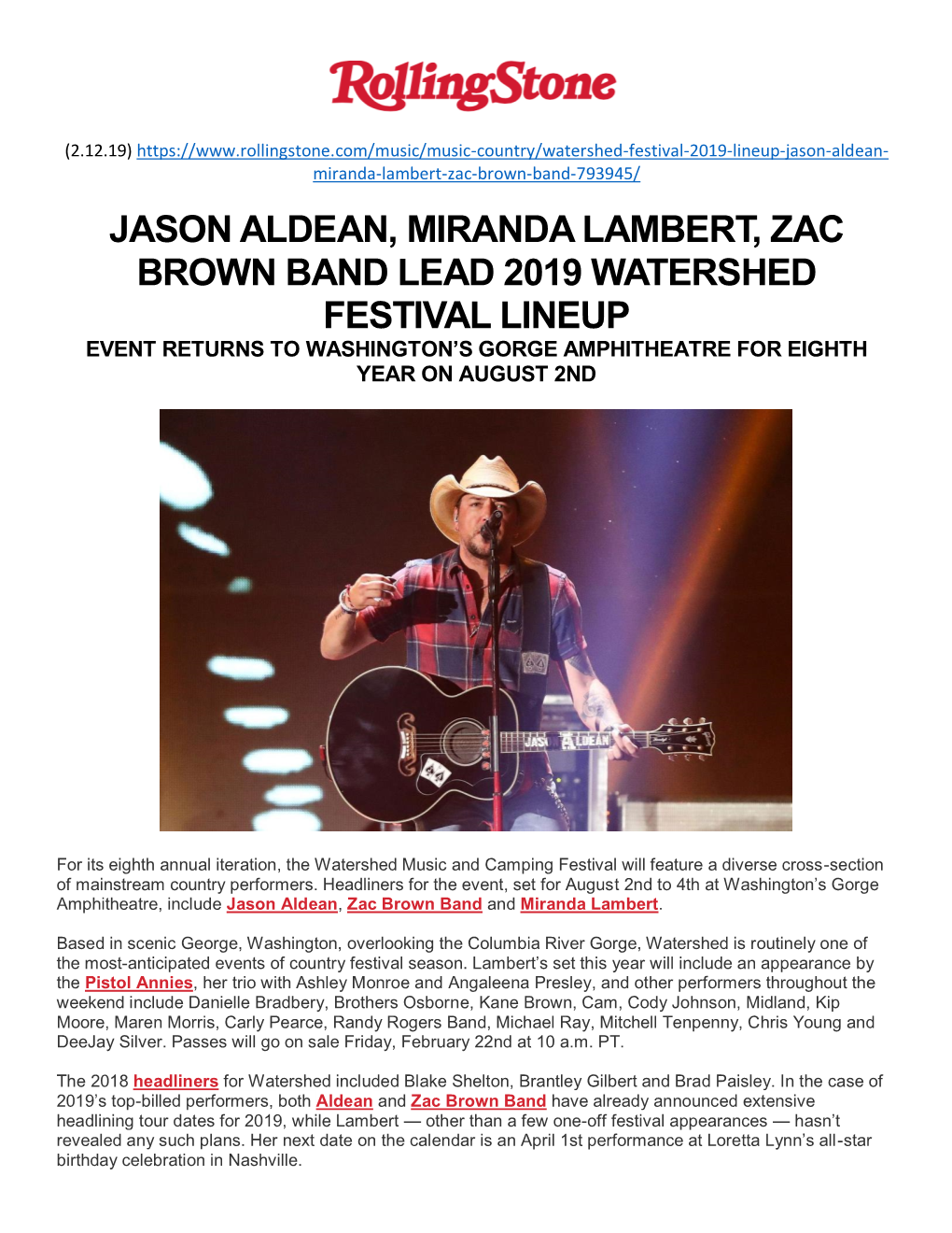 Jason Aldean, Miranda Lambert, Zac Brown Band Lead 2019 Watershed Festival Lineup Event Returns to Washington’S Gorge Amphitheatre for Eighth Year on August 2Nd