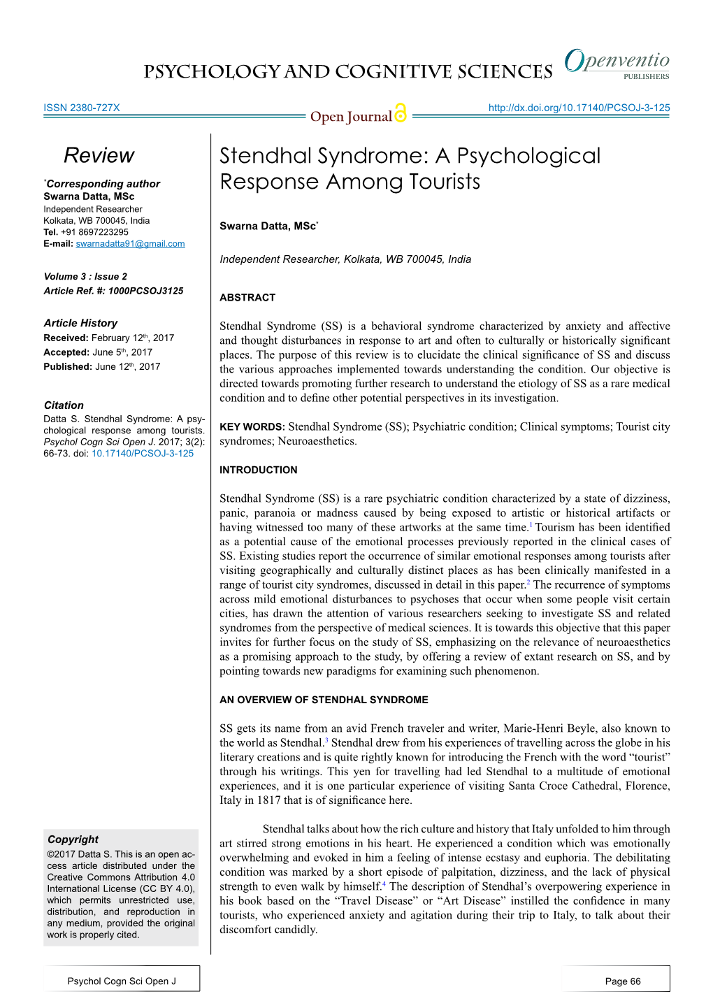 Stendhal Syndrome: a Psychological Response Among Tourists