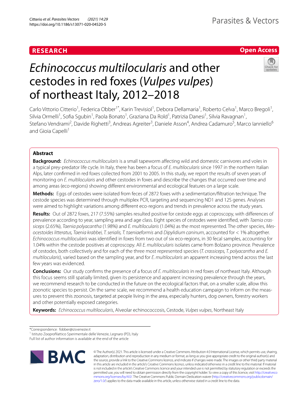 Echinococcus Multilocularis and Other Cestodes in Red Foxes