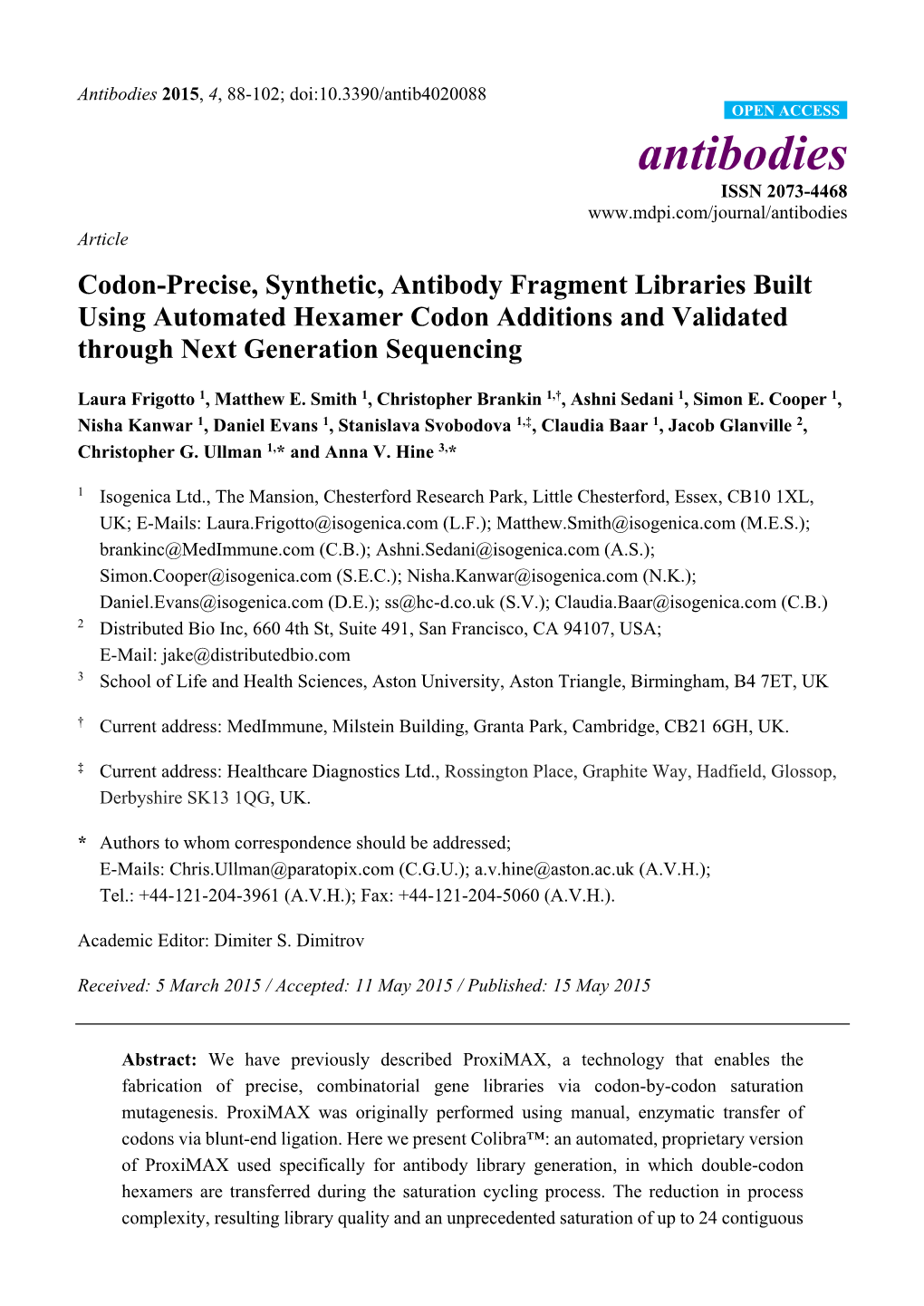 Codon-Precise, Synthetic, Antibody Fragment Libraries Built Using Automated Hexamer Codon Additions and Validated Through Next Generation Sequencing