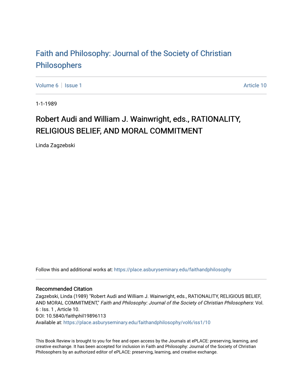 Robert Audi and William J. Wainwright, Eds., RATIONALITY, RELIGIOUS BELIEF, and MORAL COMMITMENT