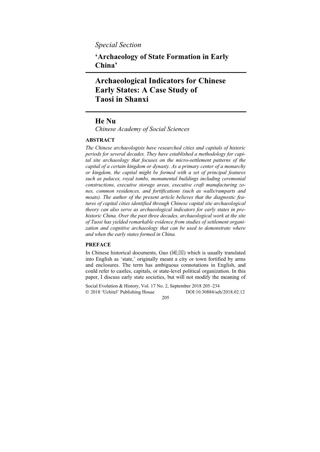 Archaeological Indicators for Chinese Early States: a Case Study of Taosi in Shanxi