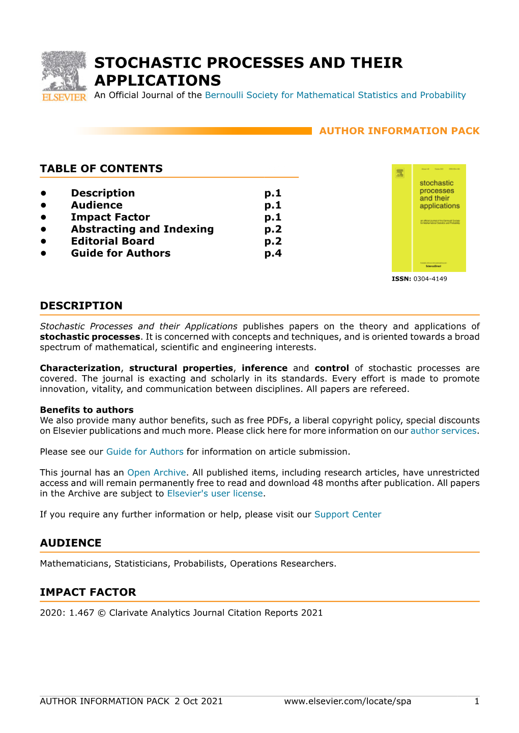 STOCHASTIC PROCESSES and THEIR APPLICATIONS an Official Journal of the Bernoulli Society for Mathematical Statistics and Probability