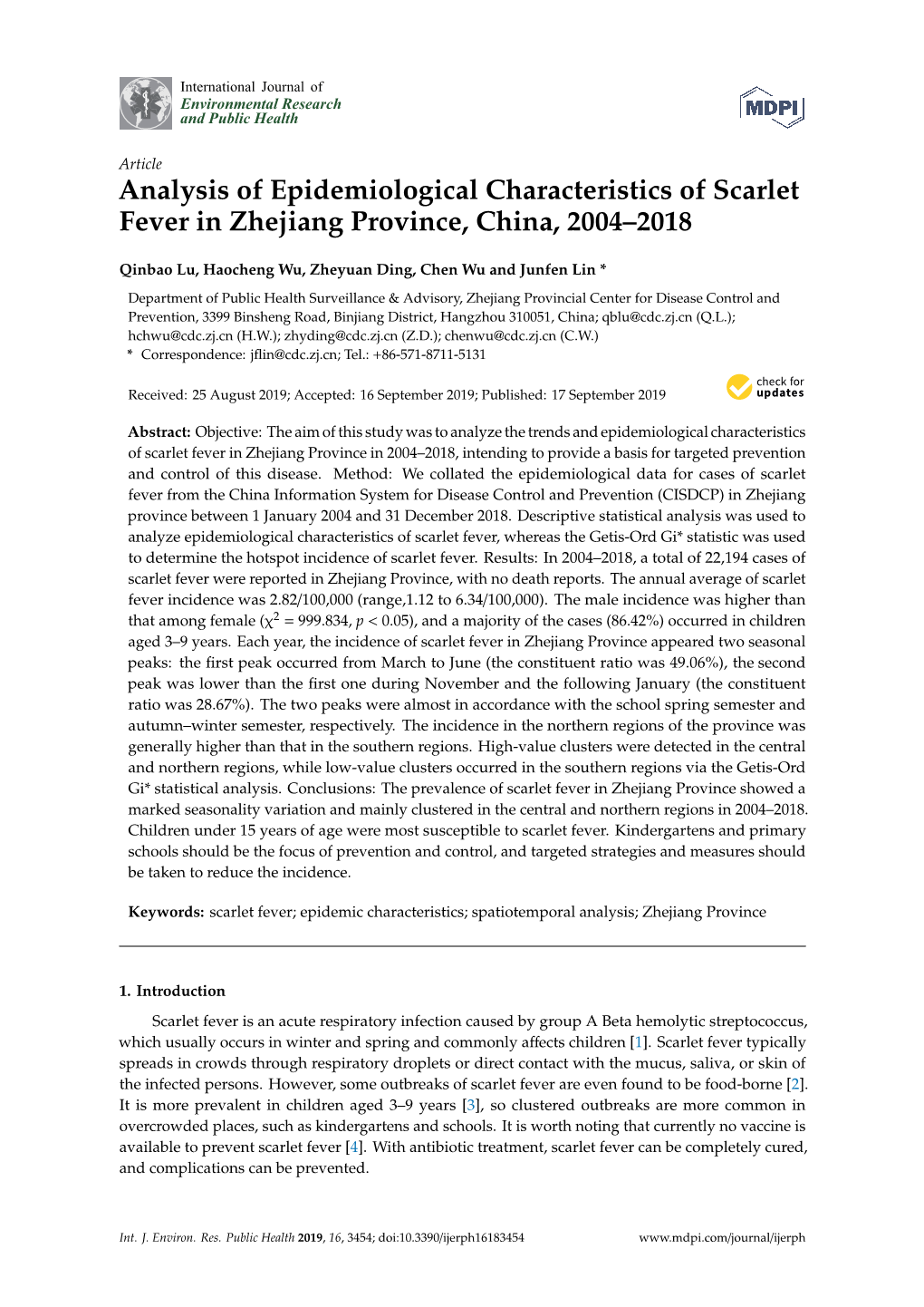 Analysis of Epidemiological Characteristics of Scarlet Fever in Zhejiang Province, China, 2004–2018