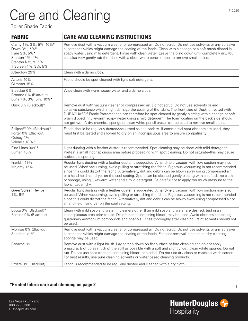 Care and Cleaning 112020 Roller Shade Fabric FABRIC CARE and CLEANING INSTRUCTIONS Clarity 1%, 3%, 5%, 10%* Remove Dust with a Vacuum Cleaner Or Compressed Air