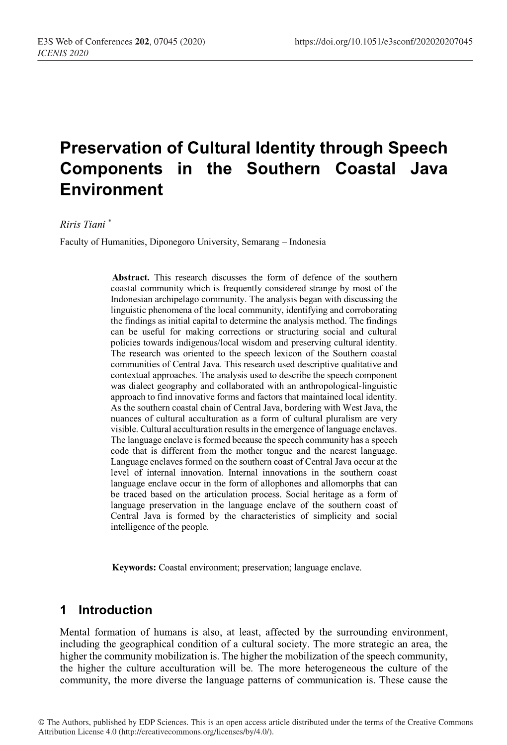 Preservation of Cultural Identity Through Speech Components in the Southern Coastal Java Environment