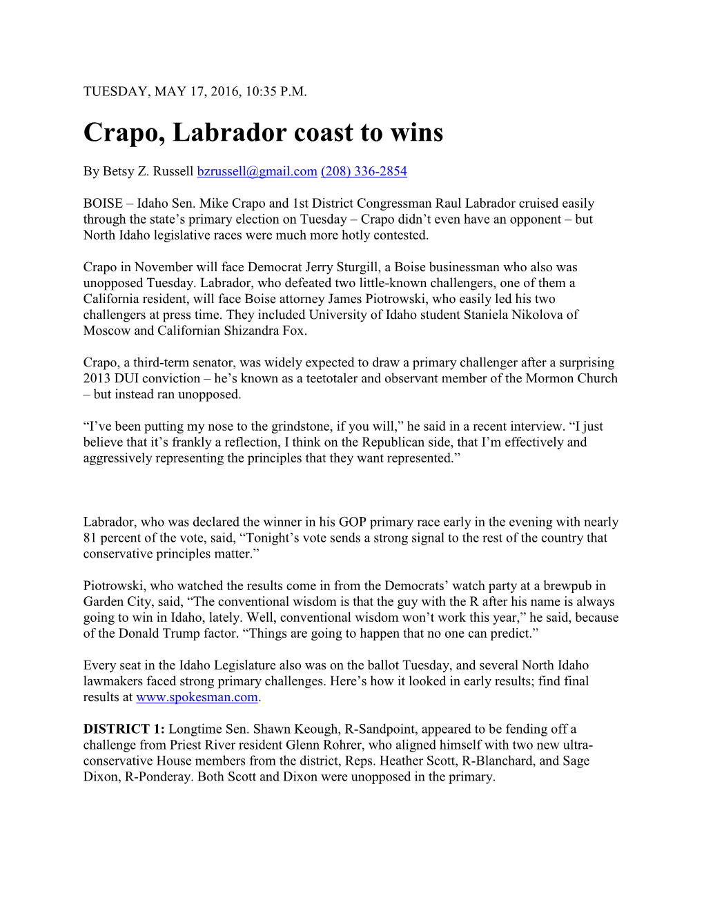 Crapo, Labrador Coast to Wins