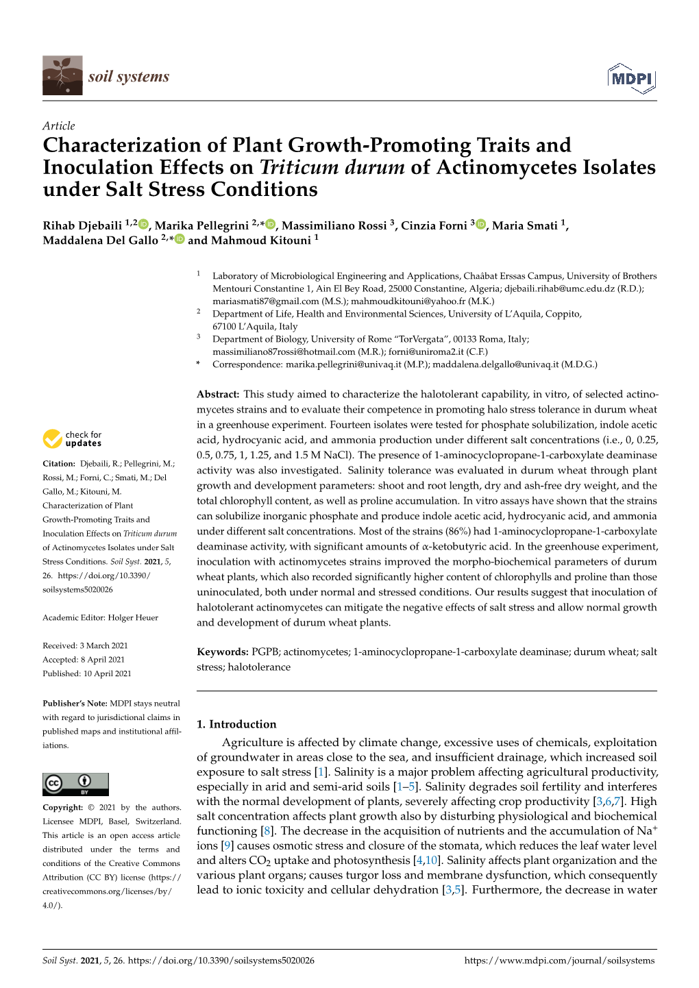 Characterization of Plant Growth-Promoting Traits and Inoculation Effects on Triticum Durum of Actinomycetes Isolates Under Salt Stress Conditions