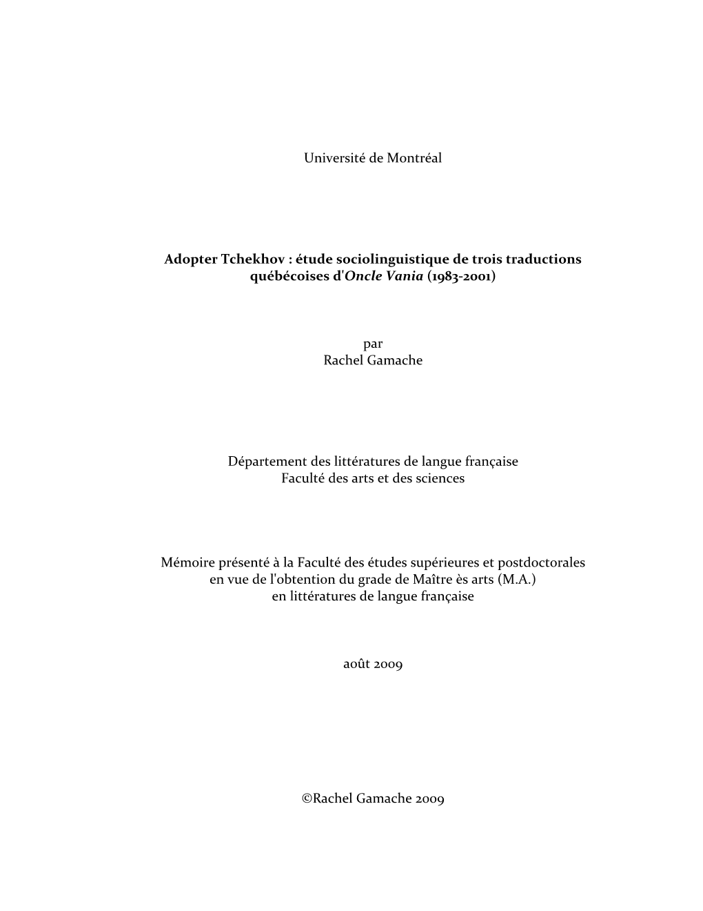 Université De Montréal Adopter Tchekhov : Étude Sociolinguistique