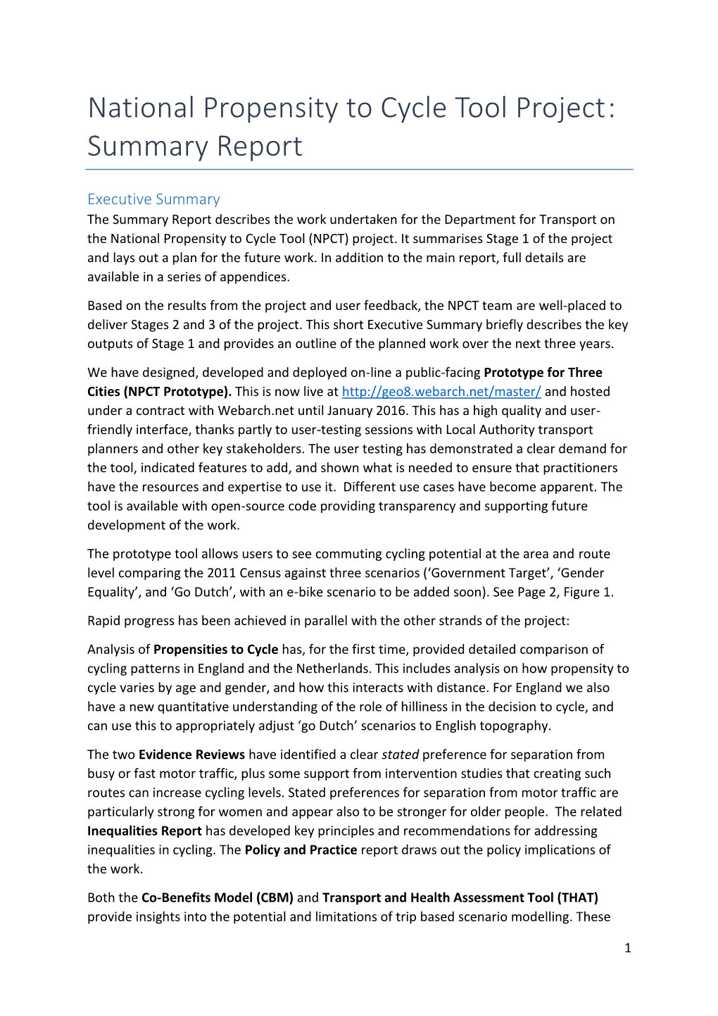 National Propensity to Cycle Tool Project: Summary Report