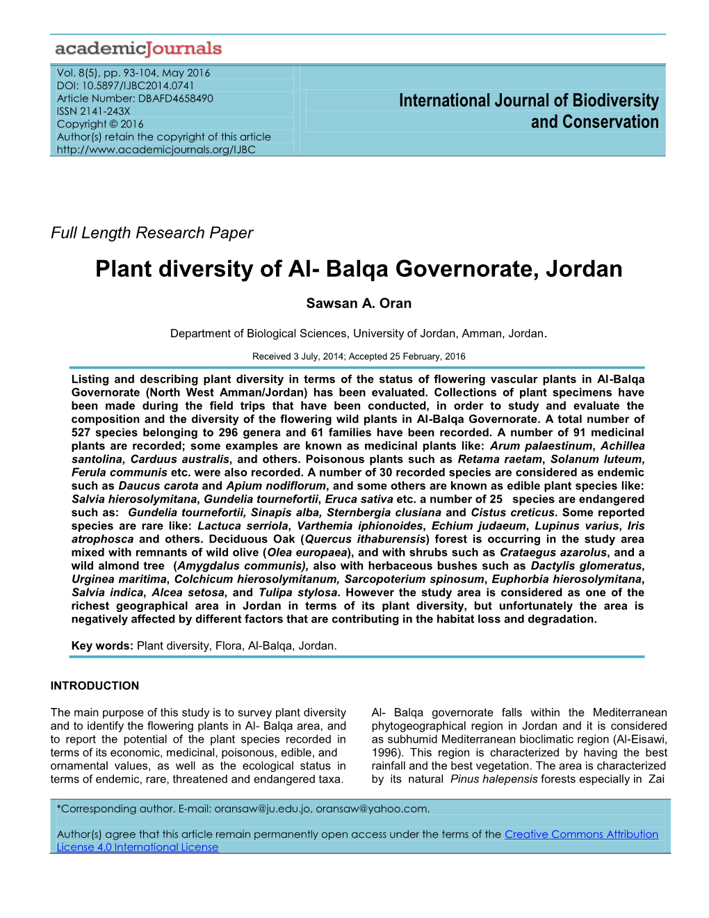 Plant Diversity of Al- Balqa Governorate, Jordan