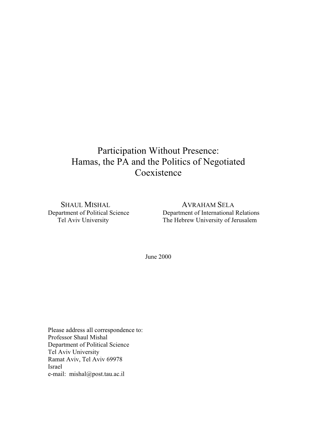 Hamas, the PA and the Politics of Negotiated Coexistence