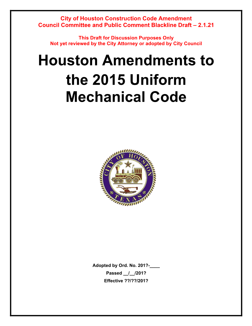 Houston Amendments to the 2015 Uniform Mechanical Code