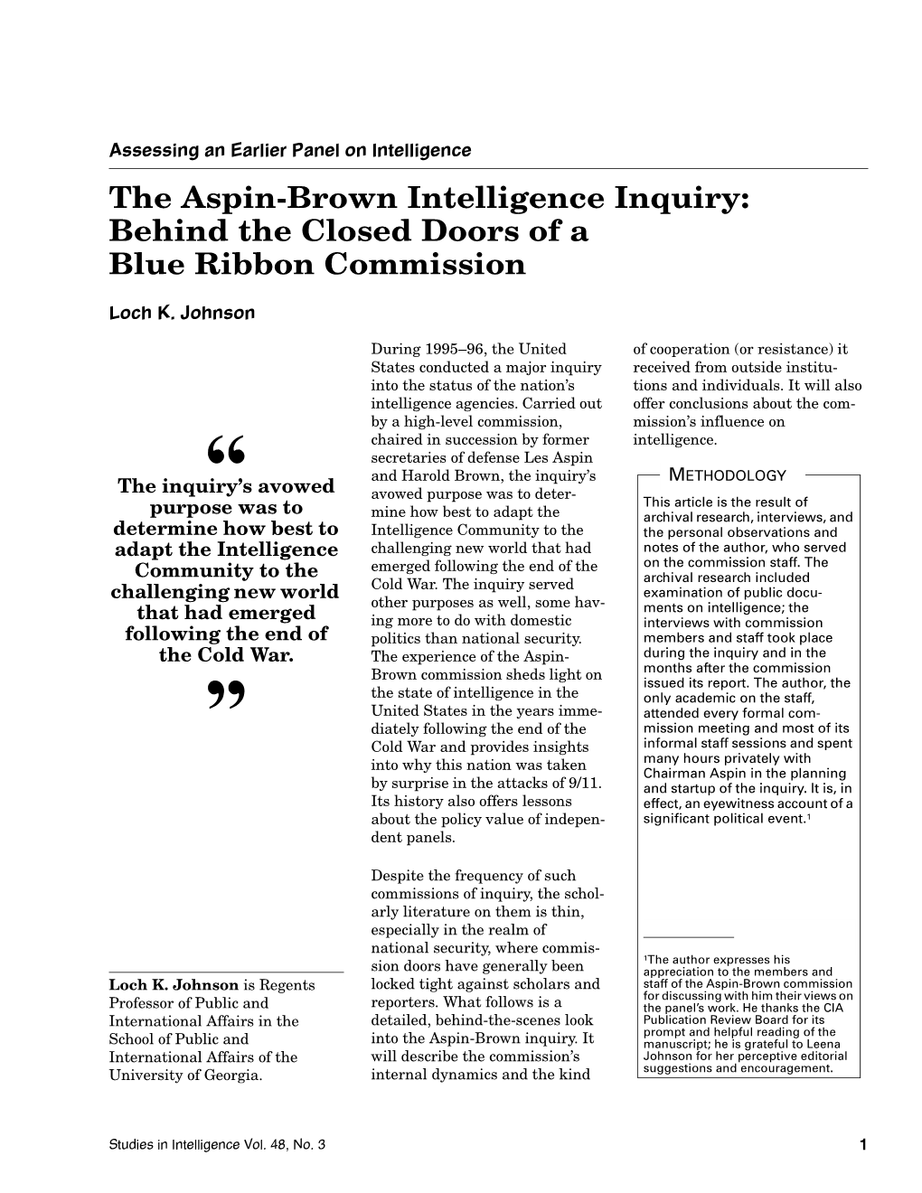 The Aspin-Brown Intelligence Inquiry: Behind the Closed Doors of a Blue Ribbon Commission