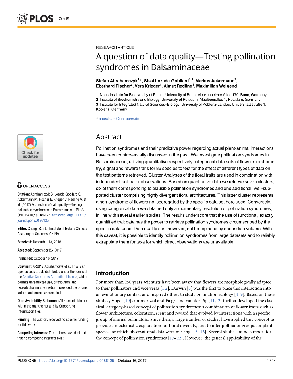 A Question of Data Quality—Testing Pollination Syndromes in Balsaminaceae