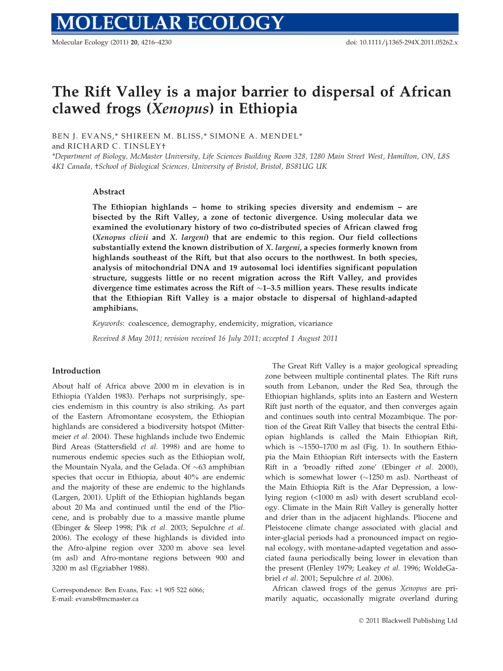 The Rift Valley Is a Major Barrier to Dispersal of African Clawed Frogs (Xenopus) in Ethiopia