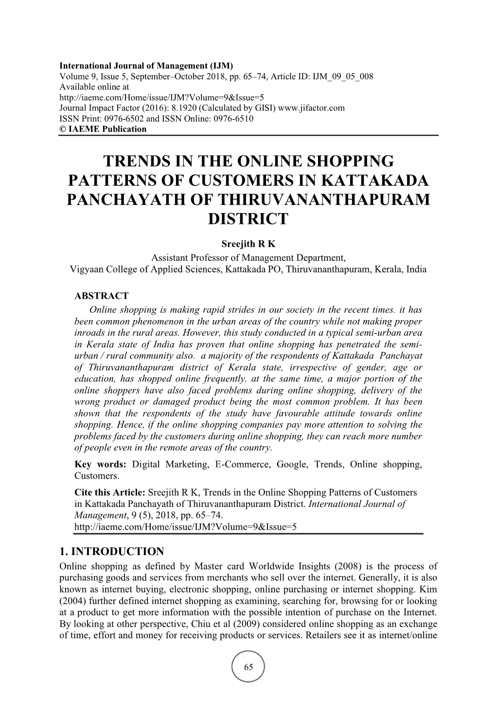 Trends in the Online Shopping Patterns of Customers in Kattakada Panchayath of Thiruvananthapuram District