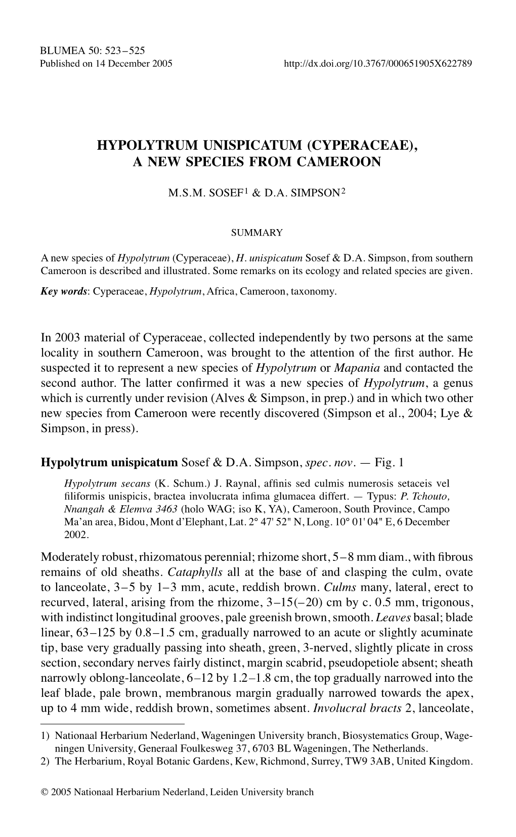 Hypolytrum Unispicatum (Cyperaceae), a New Species from Cameroon