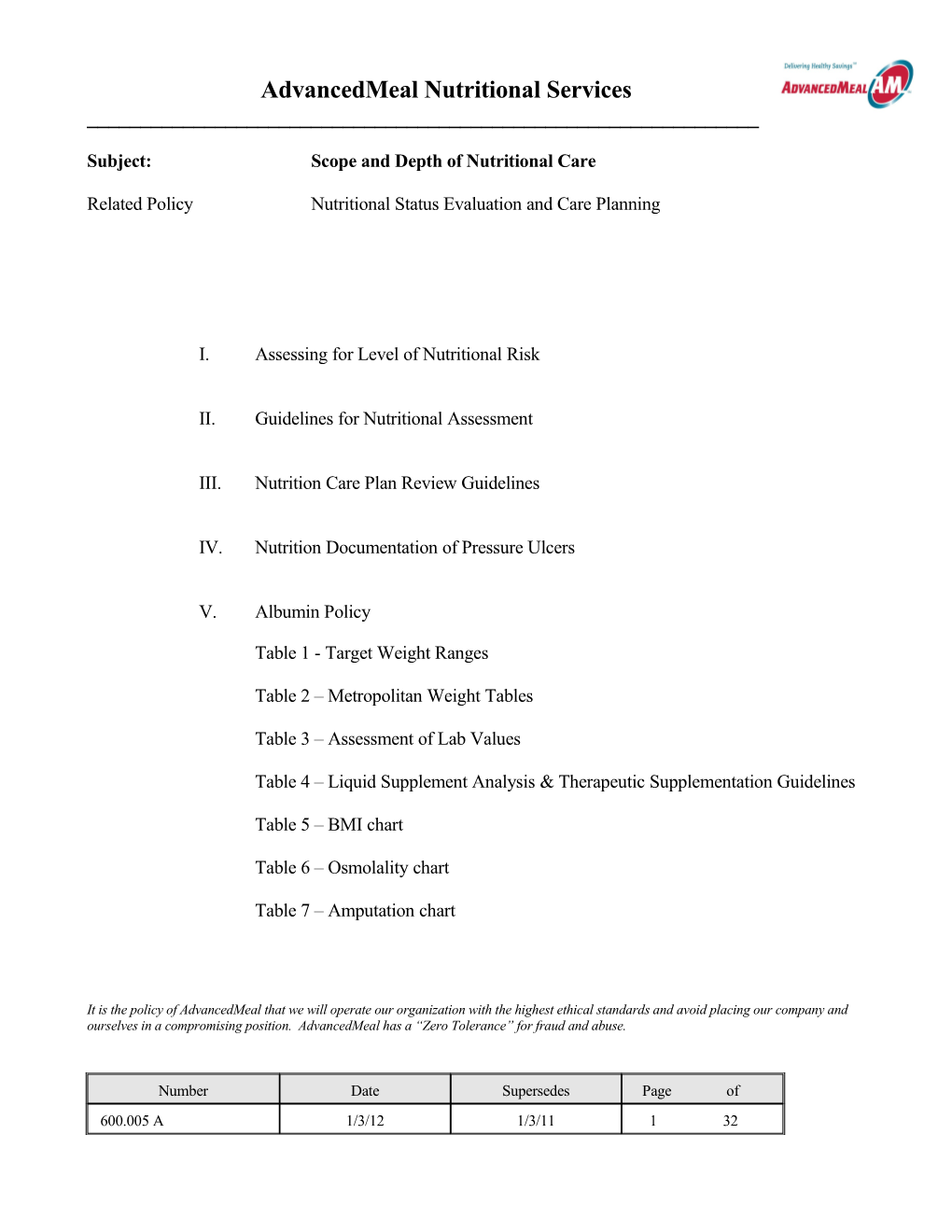 Subject: Scope and Depth of Nutritional Care