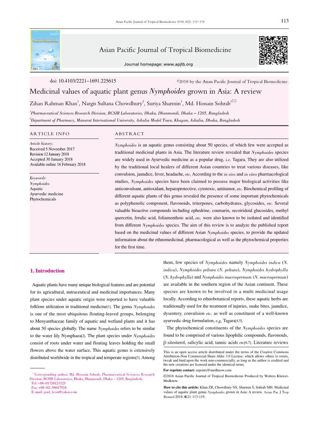 Medicinal Values of Aquatic Plant Genus Nymphoides Grown in Asia: a Review Zihan Rahman Khan1, Nargis Sultana Chowdhury2, Suriya Sharmin1, Md