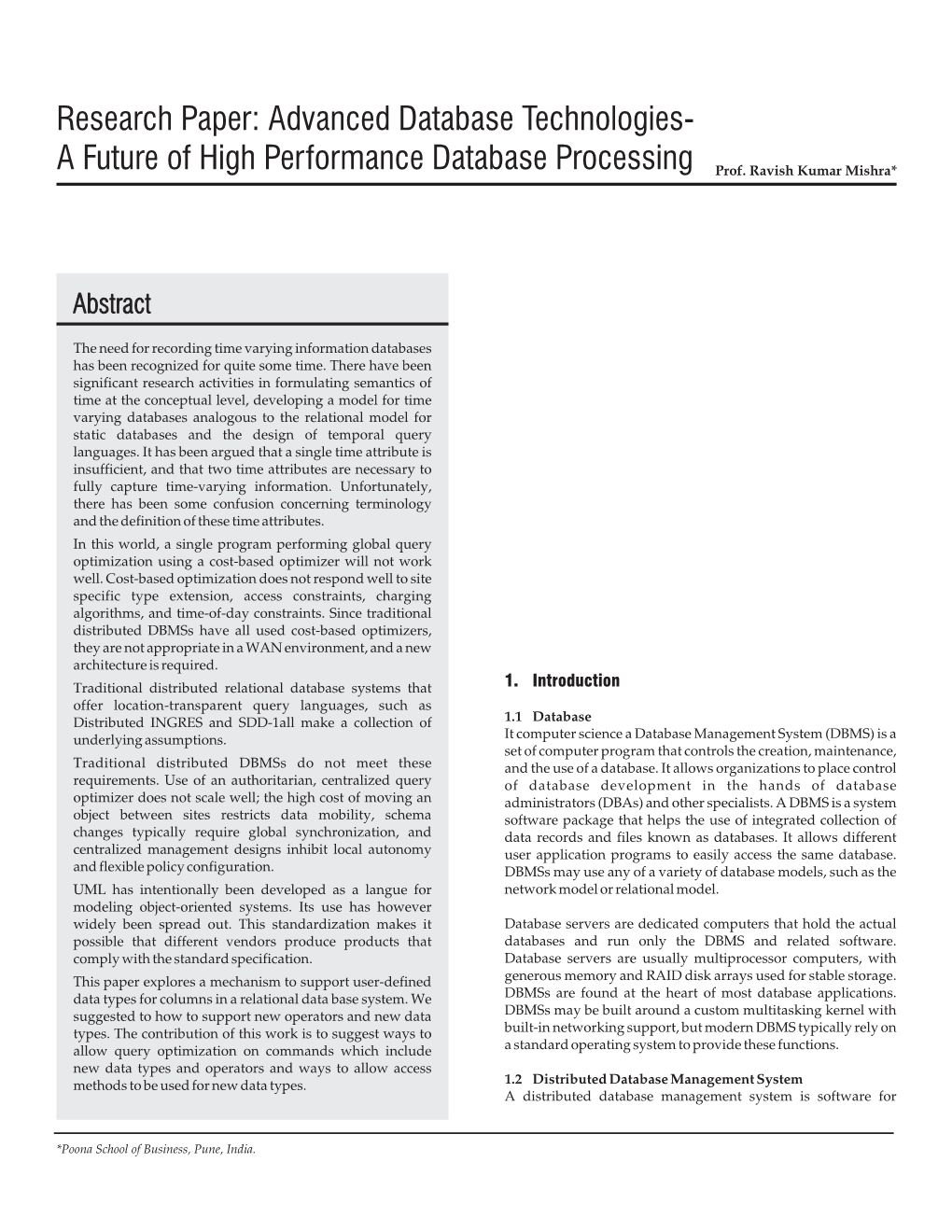 Research Paper: Advanced Database Technologies- a Future of High Performance Database Processing Prof