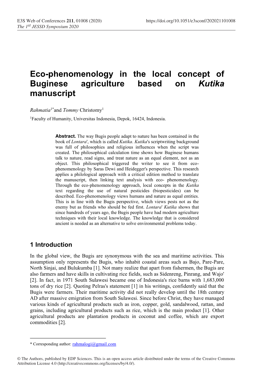Eco-Phenomenology in the Local Concept of Buginese Agriculture Based on Kutika Manuscript
