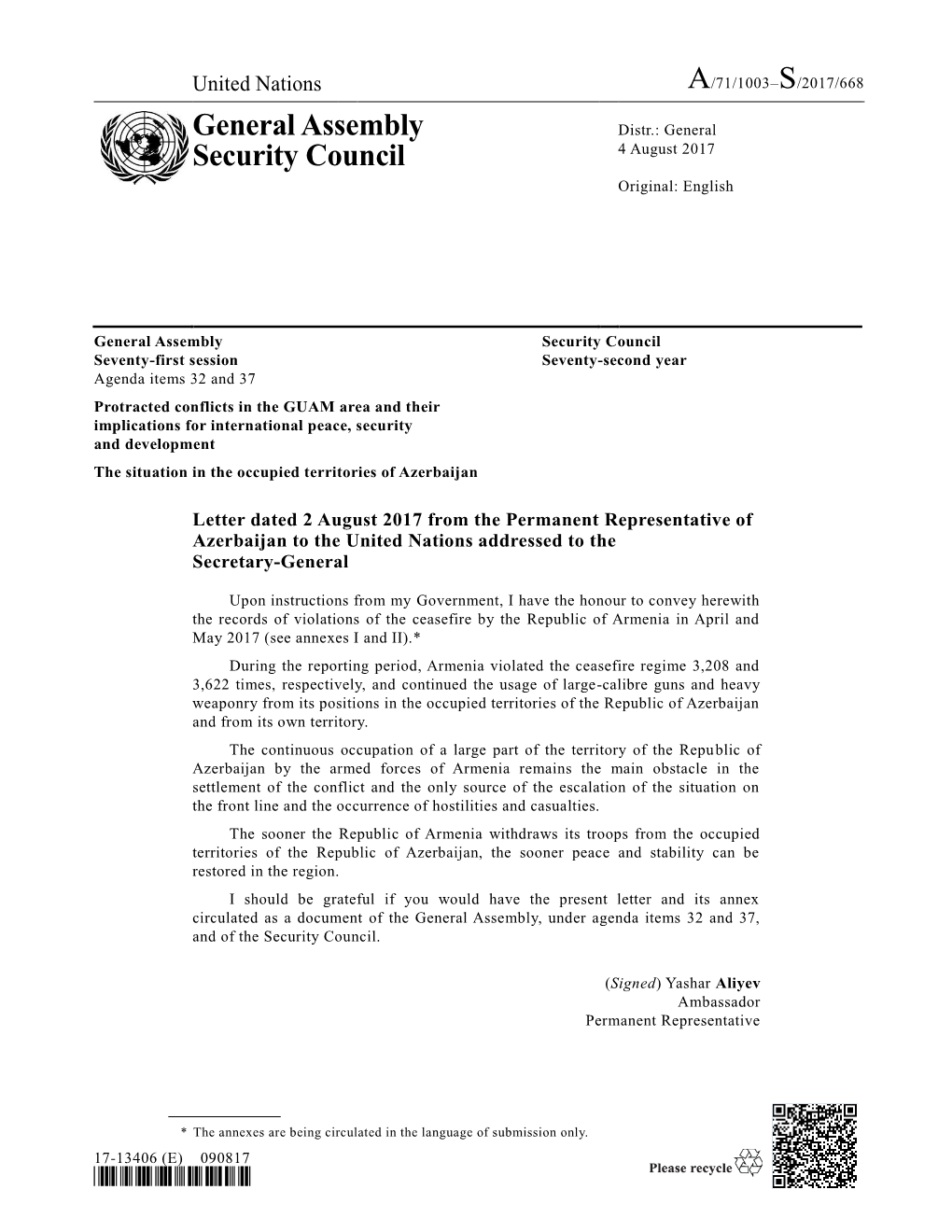 General Assembly Security Council Seventy-First Session Seventy-Second Year Agenda Items 32 and 37