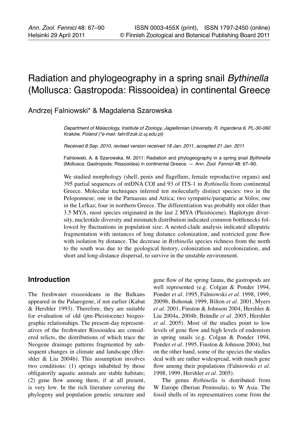 Radiation and Phylogeography in a Spring Snail Bythinella (Mollusca: Gastropoda: Rissooidea) in Continental Greece