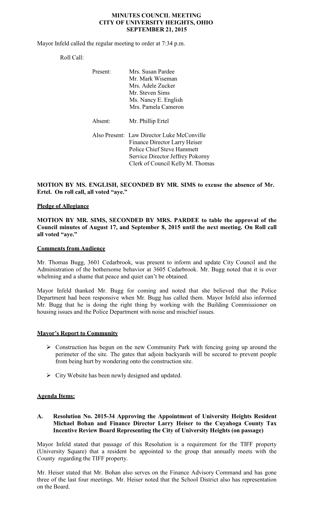 Minutes Council Meeting City of University Heights, Ohio September 21, 2015