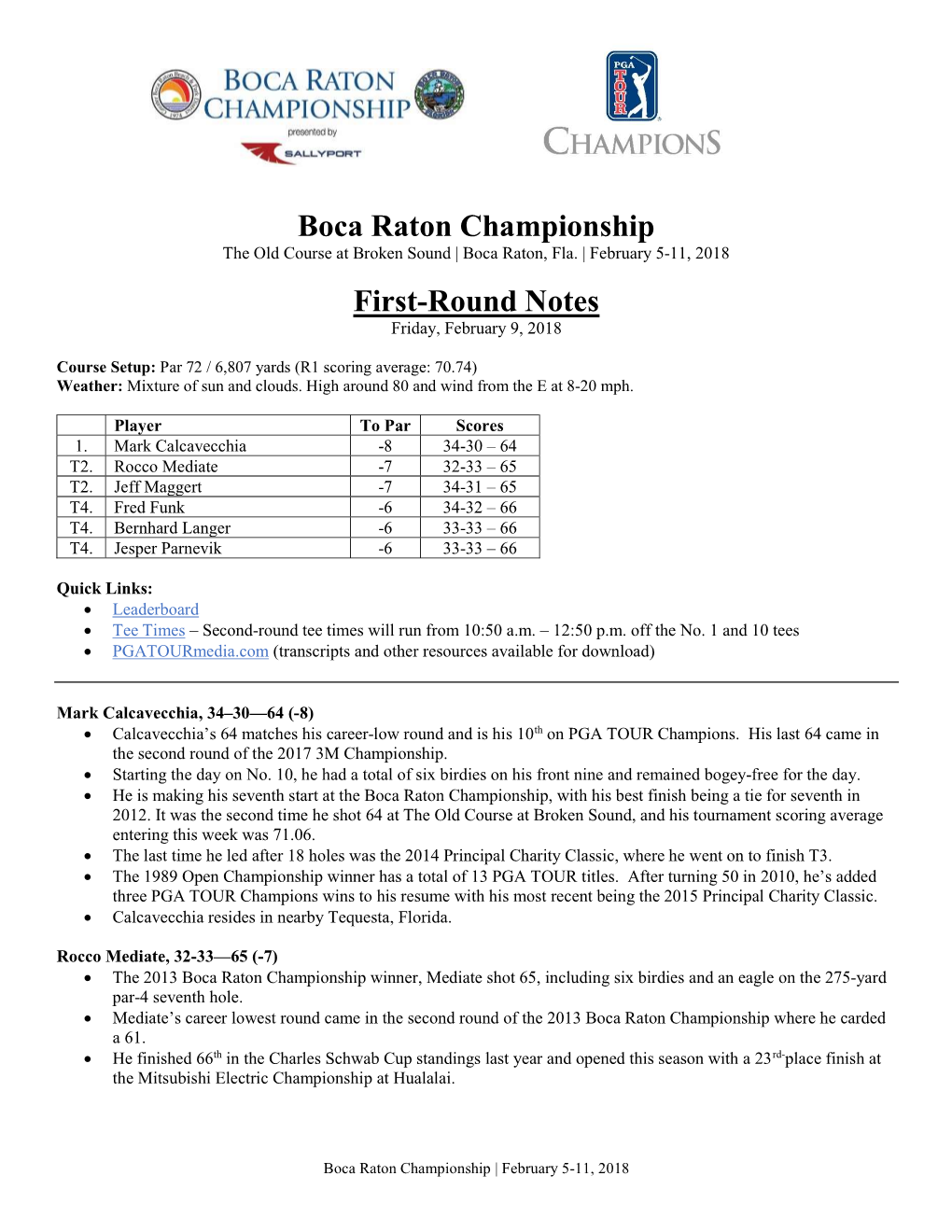 Boca Raton Championship First-Round Notes