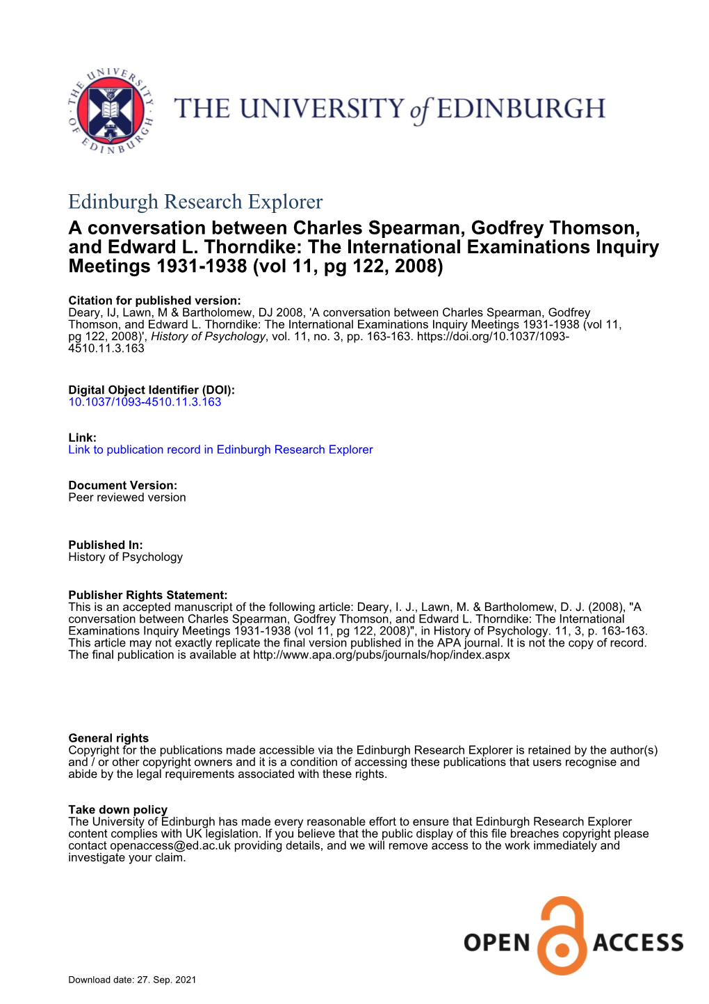 A Conversation Between Charles Spearman, Godfrey Thomson, and Edward L. Thorndike: the International Examinations Inquiry