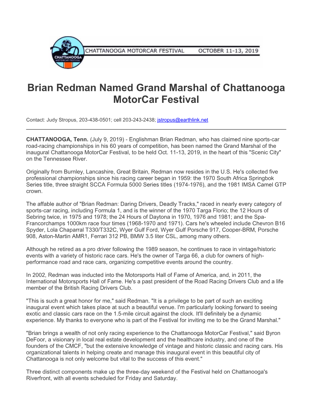 Brian Redman Named Grand Marshal of Chattanooga Motorcar Festival