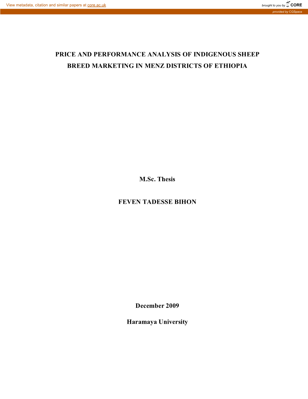 Price and Performance Analysis of Indigenous Sheep Breed Marketing in Menz Districts of Ethiopia