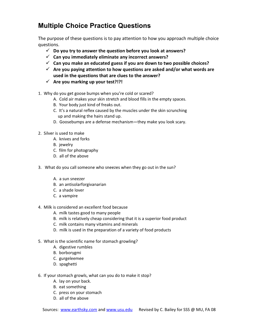 Multiple Choice Practice Questions