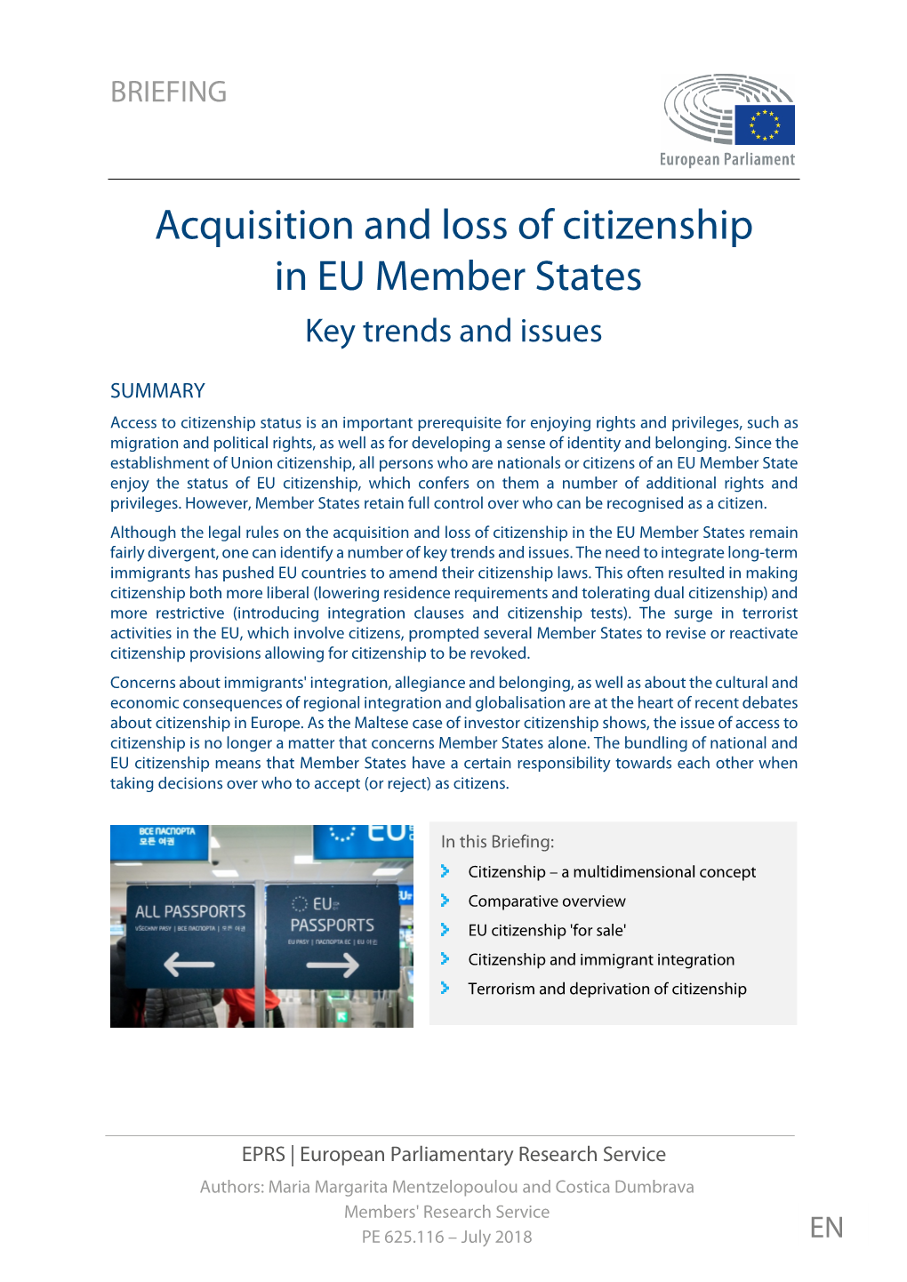 Acquisition and Loss of Citizenship in EU Member States Key Trends and Issues