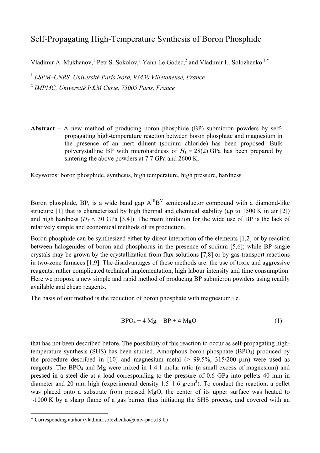 Self-Propagating High-Temperature Synthesis of Boron Phosphide