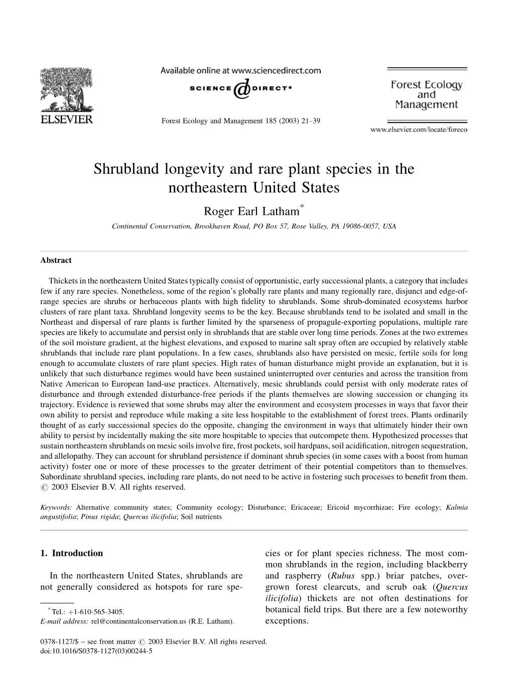 Shrubland Longevity and Rare Plant Species in the Northeastern United