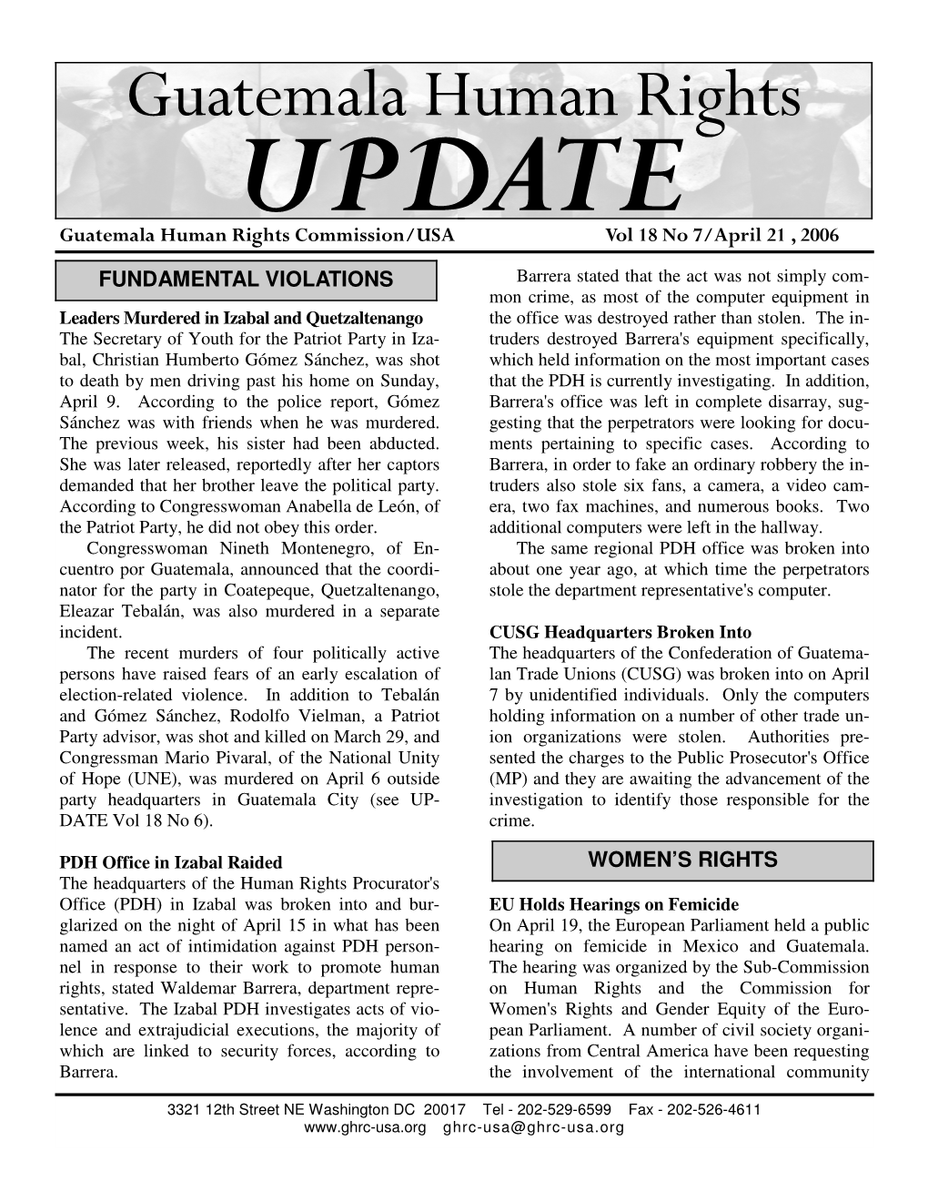 Guatemala Human Rights Commission/USA Vol 18 No 7/April 21 , 2006