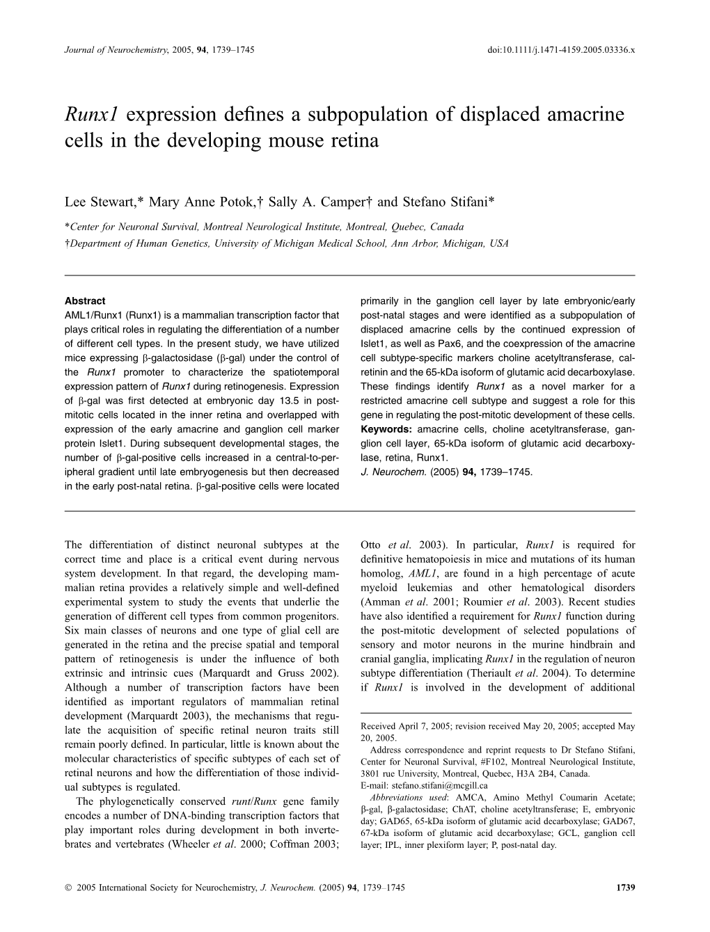 Runx1 Expression Defines a Subpopulation of Displaced