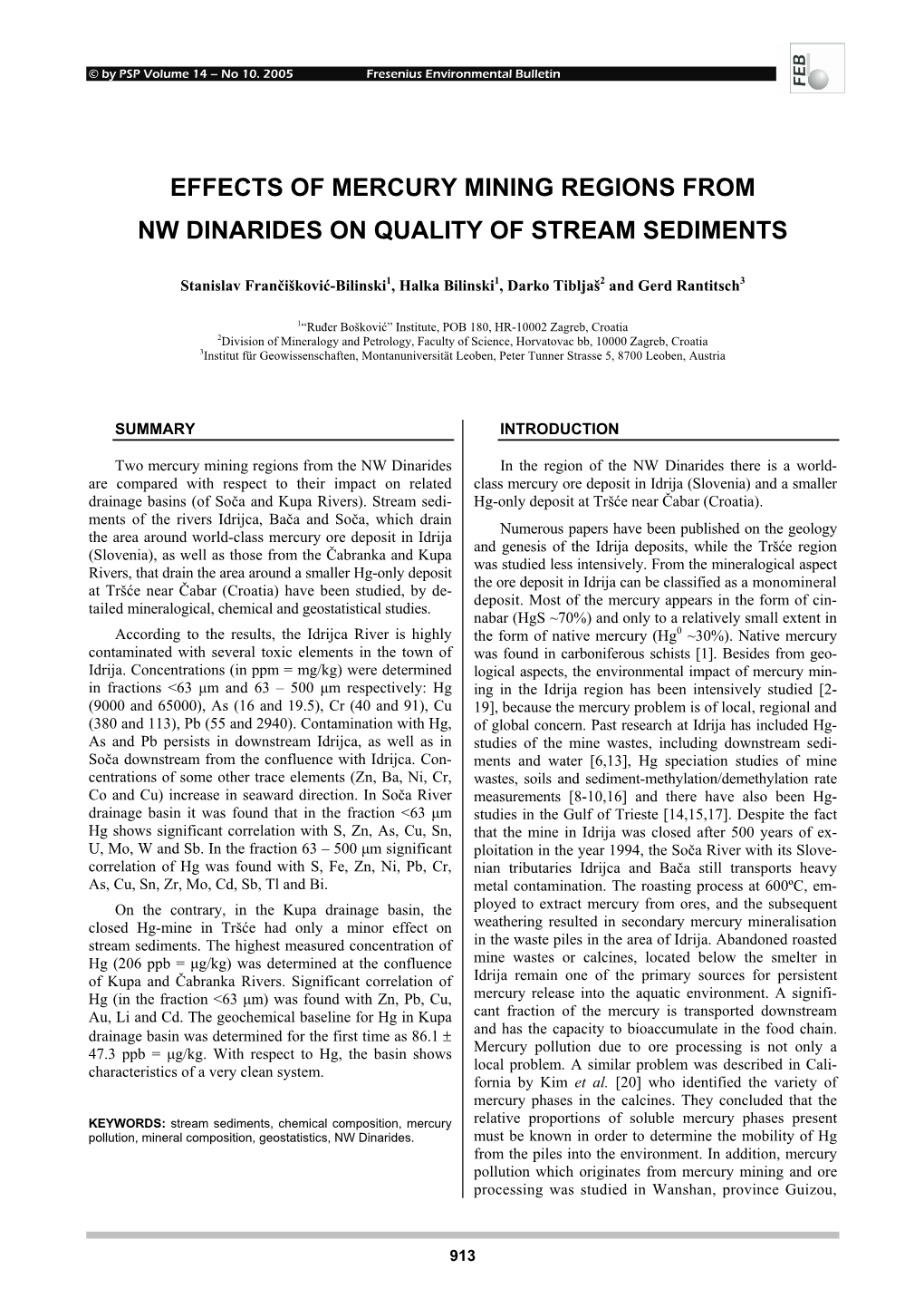 Effects of Mercury Mining Regions from Nw Dinarides on Quality of Stream Sediments