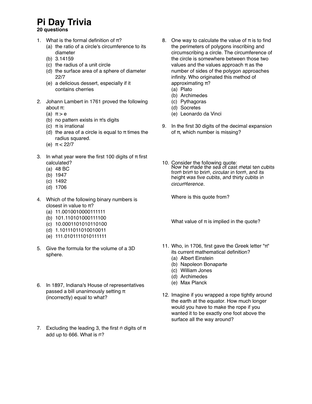 Pi Day Trivia 20 Questions