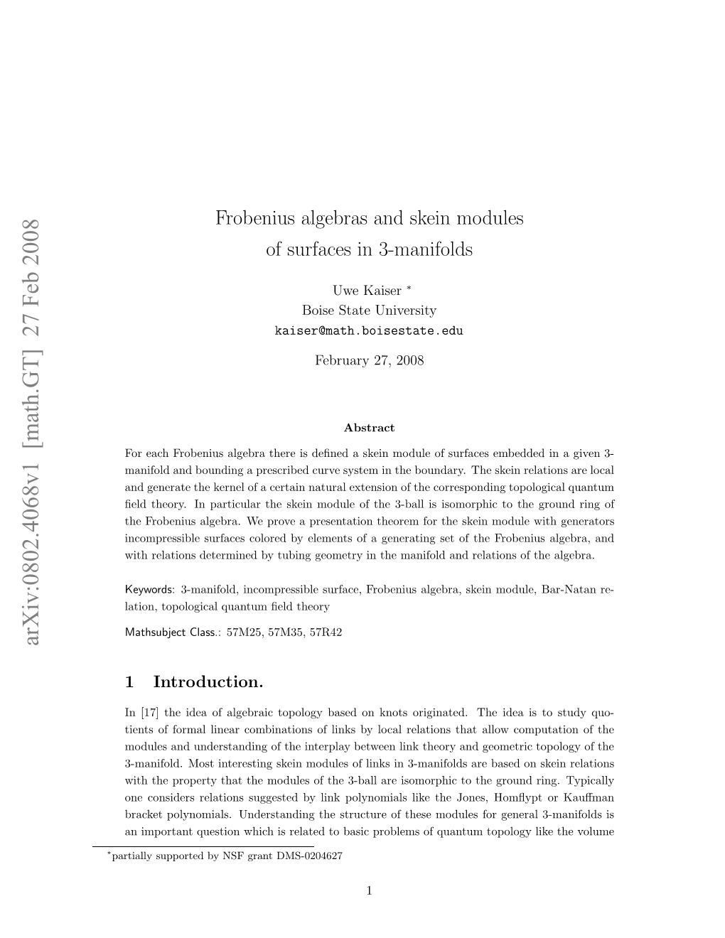 Frobenius Algebras and Skein Modules of Surfaces in 3-Manifolds