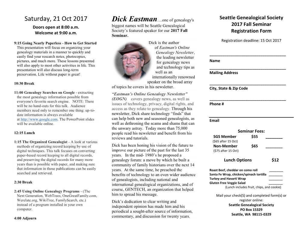 Saturday, 21 Oct 2017 Dick Eastman….One of Genealogy's 2017 Fall Seminar Doors Open at 8:00 A.M