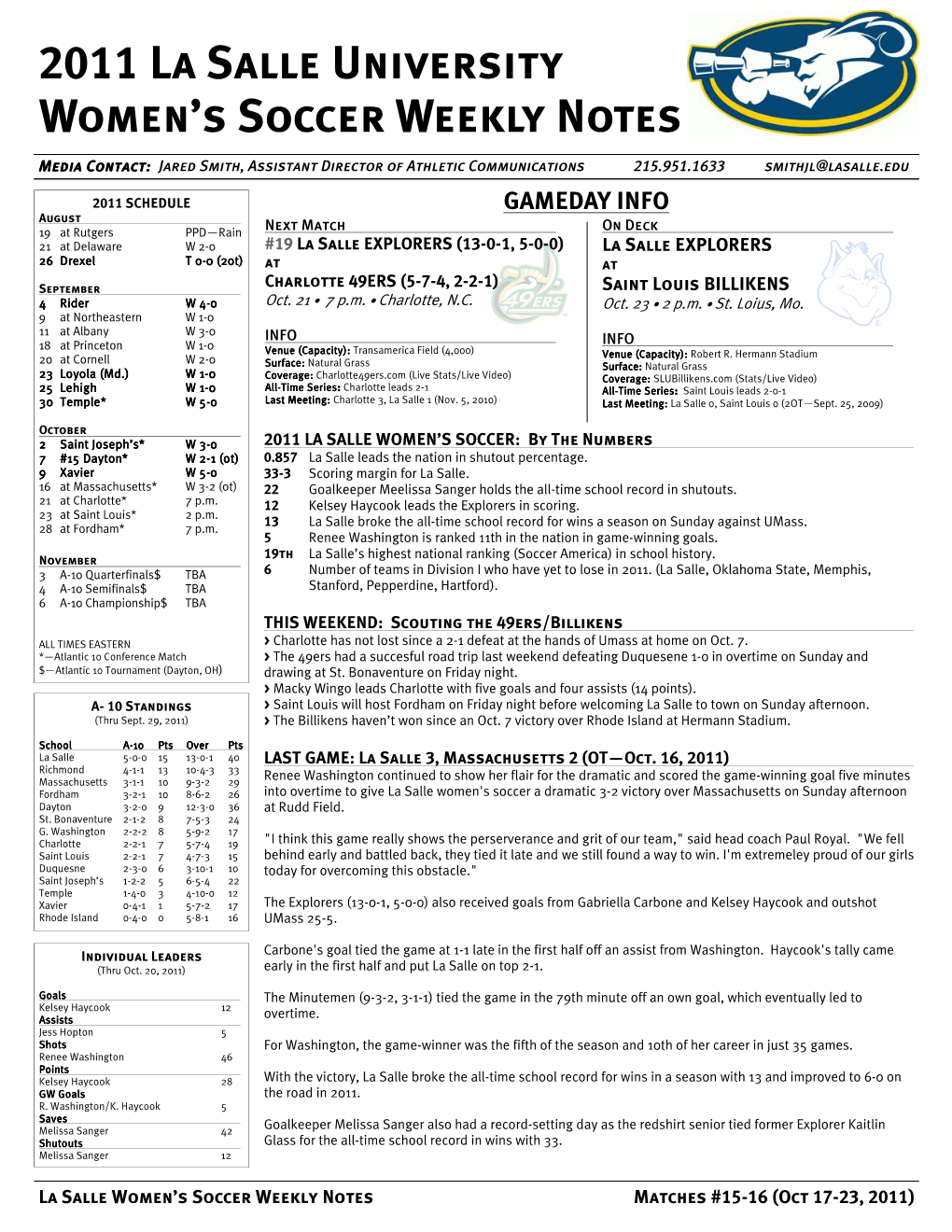 2011 La Salle University Women's Soccer Weekly Notes