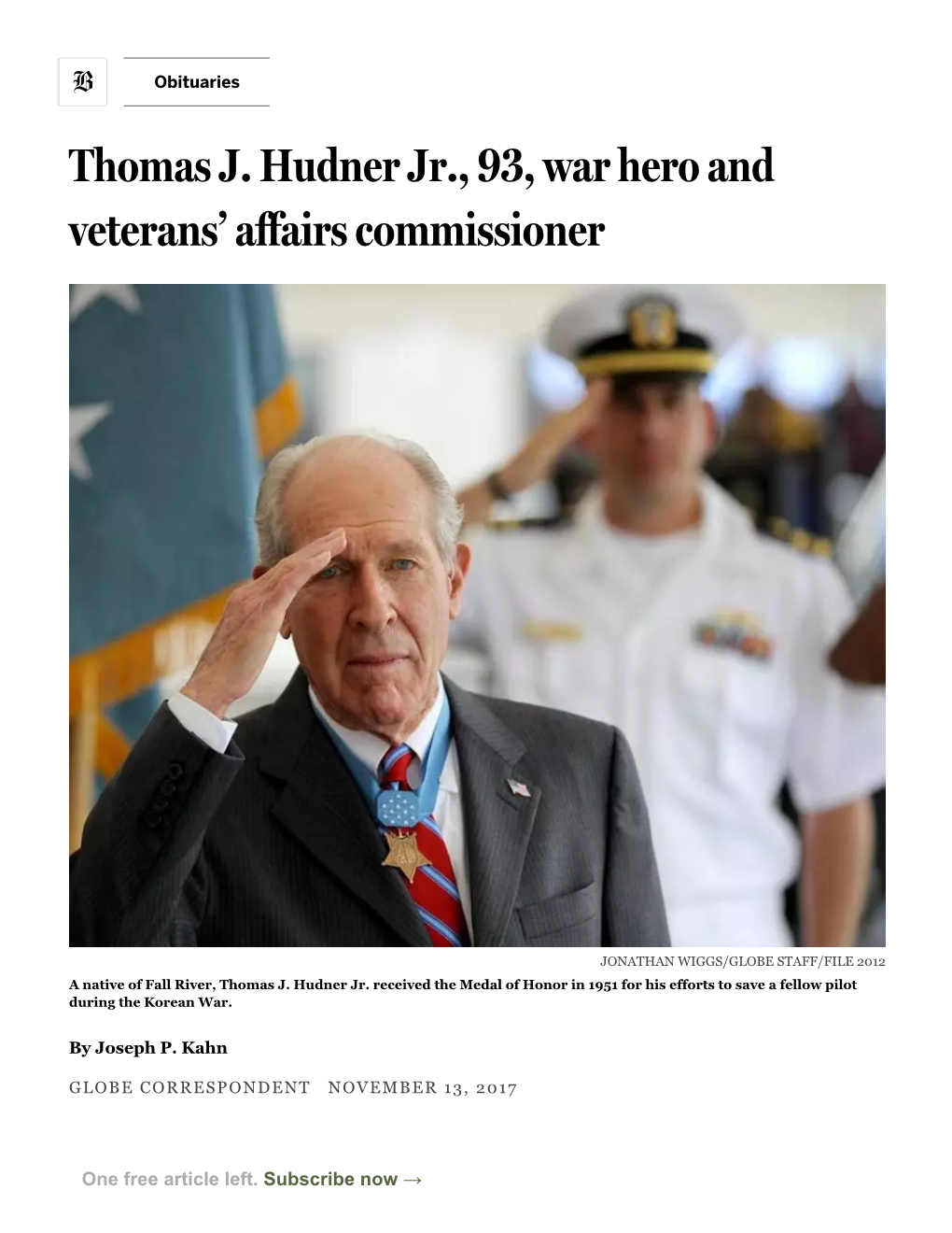 Thomas J. Hudner Jr., 93, War Hero and Veterans' Affairs Commissioner