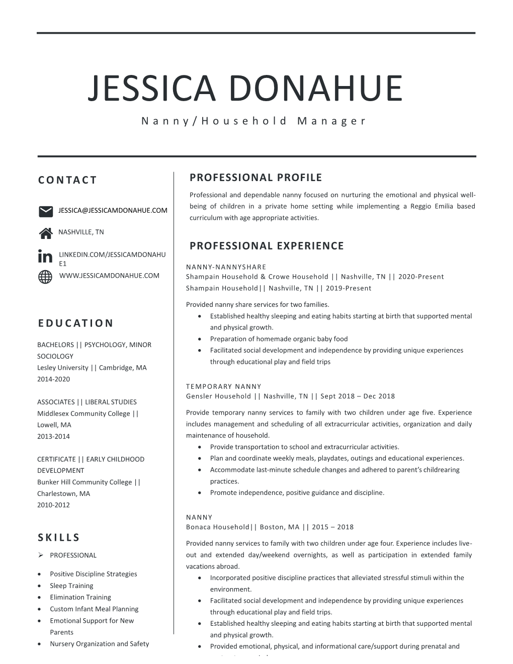 JESSICA DONAHUE Nanny/Household Manager
