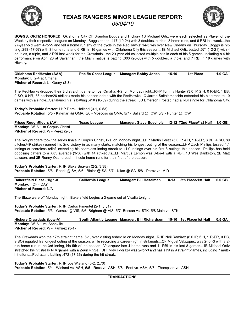 05-04-2010 Rangers Minor League Report