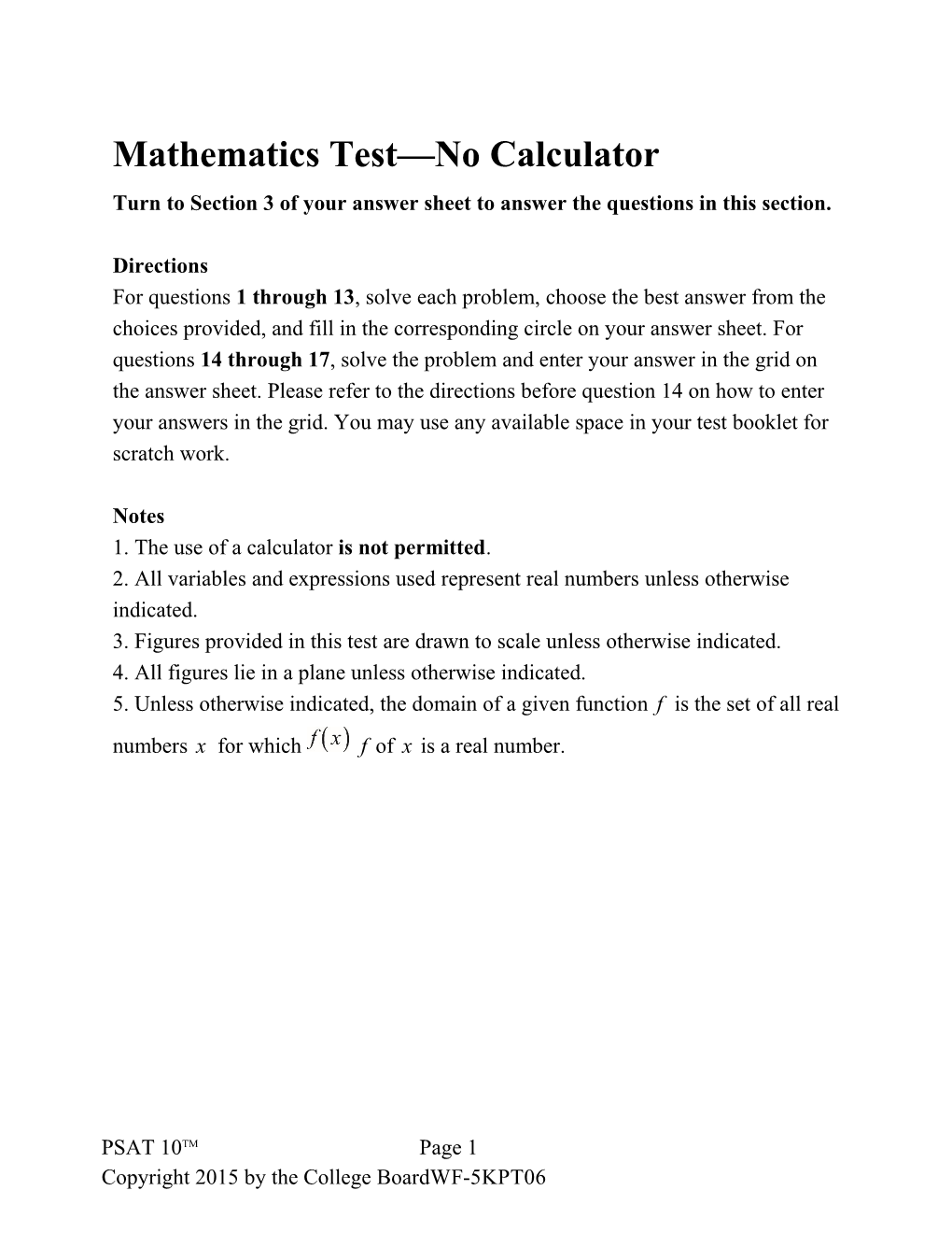 PSAT 10 Practice Test 1 for Assistive Technology Math Test, No Calculator SAT Suite Of